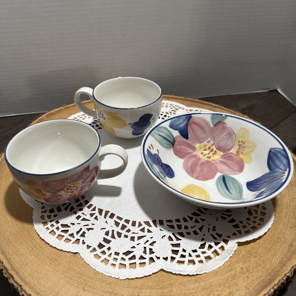 Johnson Bros England Floral 3 Pc Set 2 Cups 1 Cereal Soup Bowls Color Splash